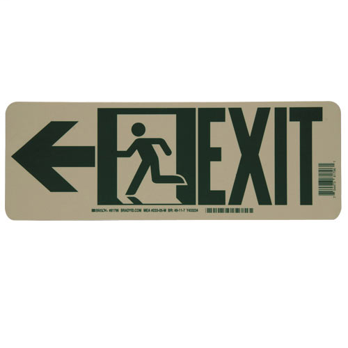 Product image for Brady 81795 BradyGlo NYC Approved Exit With Running Man And Left Arrow Sign, 5" H x 14" W x 0.096" D
