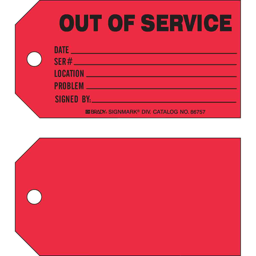 Product image for Brady 86757 OUT OF SERVICE Production Tag, DATE: SER#: LOCATION: PROBLEM: SIGNED BY: