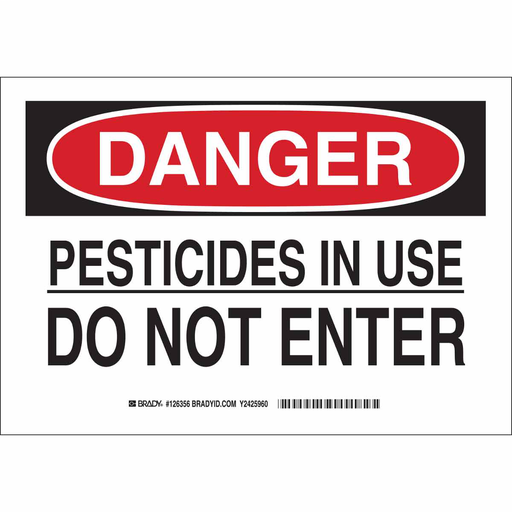 Product image for Brady 126357 DANGER Pesticides In Use Do Not Enter Sign, 10" H x 14" W x 0.035" D, Aluminum