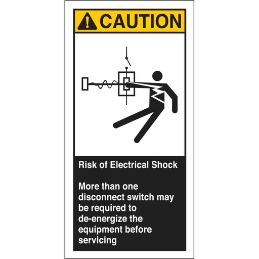 Product image for Brady 96175 RISK OF ELECTRICAL SHOCK MORE THAN ONE DISCONNECT Labels, 6" H x 3" W x 0.006" D, Black/Yellow on White
