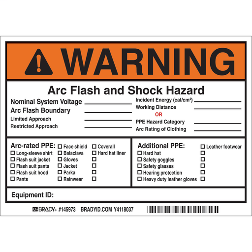 Product image for Brady 145973 Arc Flash Labels - Adhesive Vinyl, 5" H x 7" W x 0.004" D, Pack of 5 Labels, Black/Orange/Red on White
