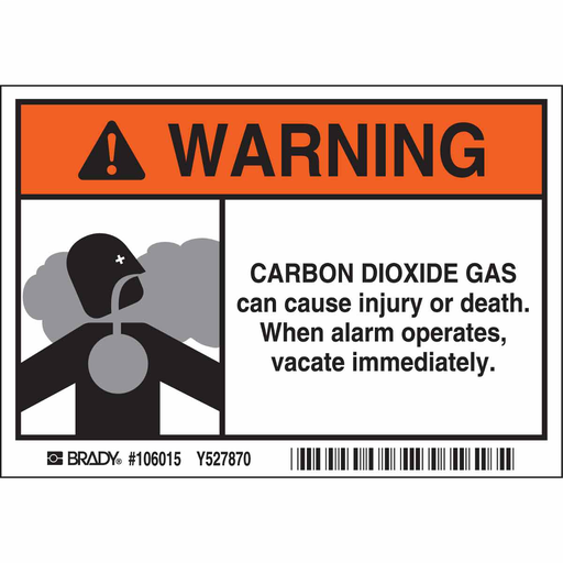 Product image for Brady 106015 WARNING Carbon Dioxide Gas Can Cause Injury Or Death. When Alarm Operates Vacate Immediately. Sign, 3.5" H x 5" W x 0.006" D