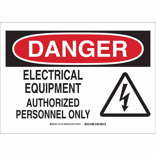 Product image for Brady 131720 DANGER Electrical Equipment Authorized Personnel Only w/Bolt Pictogram Sign, 10" H x 14" W x 0.006" D, Polyester