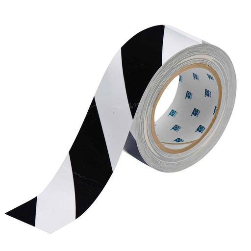 Product image for Brady 104319 ToughStripe® Floor Marking Tape Roll - Polyester, Diagonal Stripe®s, Black on White, 2" x 100'