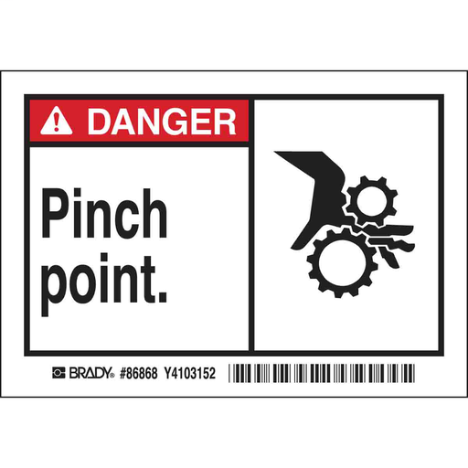 Product image for Brady 86868 DANGER PINCH POINT. Labels, 3.5" H x 5" W x 0.006" D, Black/Red on White