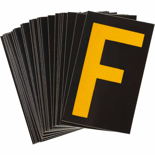 Product image for Brady 5890-F 5890 Series Reflective Number and Letter Labels, 1.875" H x 1.375" W, Pack of 25 Labels, Yellow on Black, F