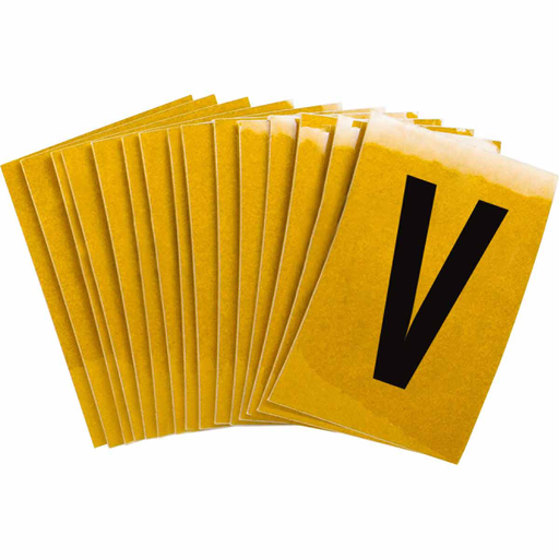 Product image for Brady 5920-V 5920 Reflective Number and Letter Labels, 1.5" H x 1" W, Pack of 25 Labels, Black on Yellow, V