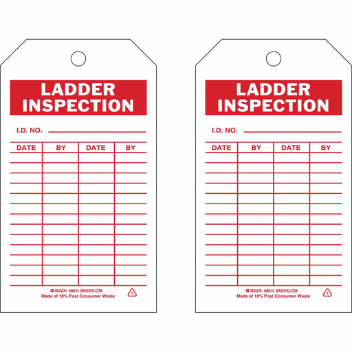 Product image for Brady 86610 Inspection & Material Control Tags, LADDER INSPECTION, 7" H x 4" W, Red on White