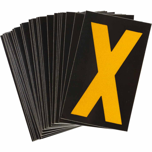 Product image for Brady 5000-X 5000 Series Reflective Number and Letter Labels, 2.875" H x 1.75" W, Pack of 25 Labels, Yellow on Black, X