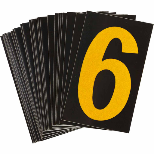 Product image for Brady 5000-6 5000 Series Reflective Number and Letter Labels, 2.875" H x 1.75" W, Pack of 25 Labels, Yellow on Black, 6