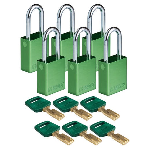 Product image for Brady ALU-GRN-38ST-KD6PK Brady SafeKey Lockout Padlock Aluminum Grn 1.5" Steel Shkl Keyed Different 6 Pk