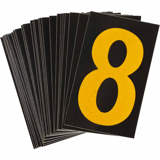 Product image for Brady 5000-8 5000 Series Reflective Number and Letter Labels, 2.875" H x 1.75" W, Pack of 25 Labels, Yellow on Black, 8