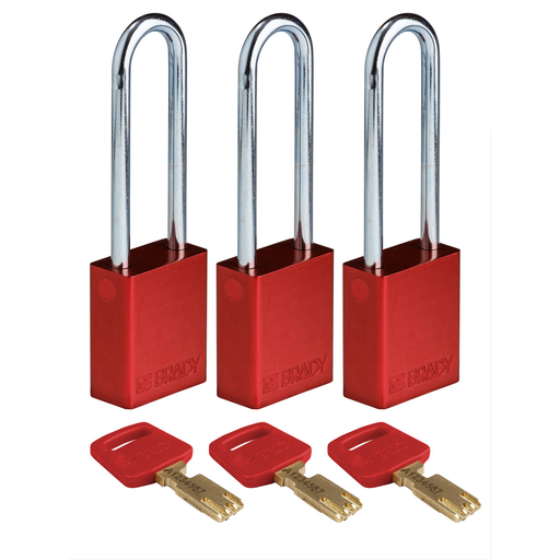 Product image for Brady ALU-RED-76ST-KA3PK Brady SafeKey Lockout Padlock Aluminum Red 3.0" Steel Shkl Keyed Alike 3 Pk