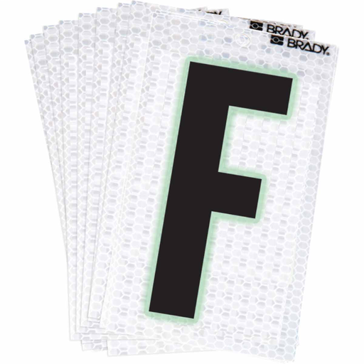 Product image for Brady 3000-F 3000 Series Glow in the Dark Number and Letter Labels, Black/Green Glow on Silver, Pack of 10 Labels, F