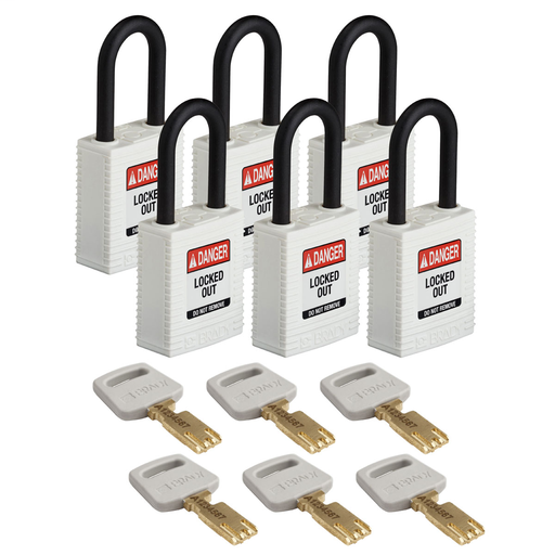 Product image for Brady NYL-WHT-38PL-KA6PK Brady SafeKey Lockout Padlock Nylon White 1.5" Plastic Shkl Keyed Alike 6 Pk