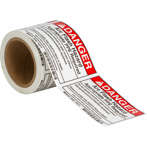 Product image for Brady 52020 Arc Flash Labels, DANGER - Self-Sticking Polyester, 3.5" H x 5" W x 0.006" D, Roll of 100 Labels, Black/Red on White