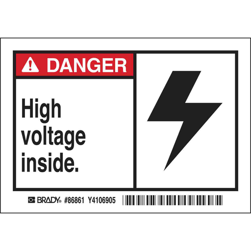 Product image for Brady 86861 DANGER HIGH VOLTAGE INSIDE. Labels, 3.5" H x 5" W x 0.006" D, Black/Red on White