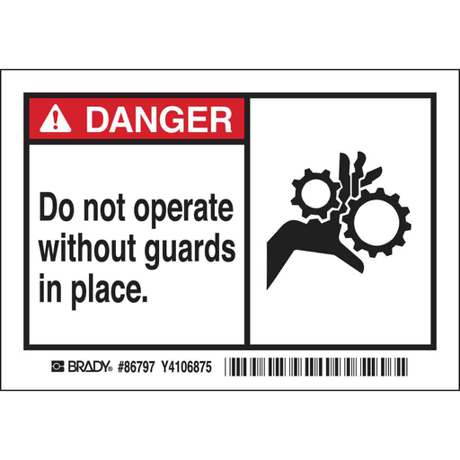 Product image for Brady 86797 DANGER Do Not Operate Without Guards In Place. Labels, 3.5" H x 5" W x 0.006" D, Black/Red on White