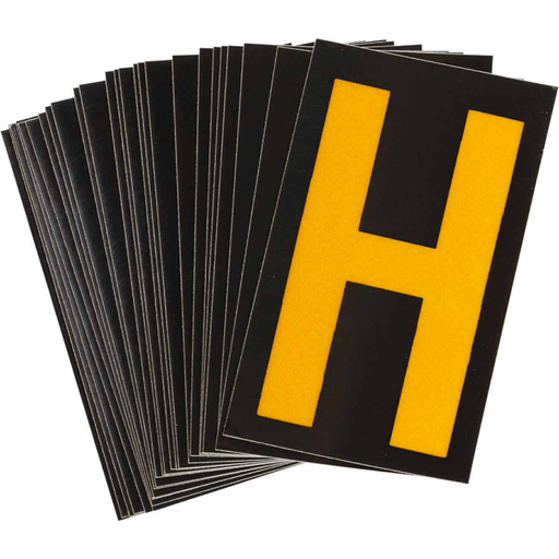 Product image for Brady 5890-H 5890 Series Reflective Number and Letter Labels, 1.875" H x 1.375" W, Pack of 25 Labels, Yellow on Black, H