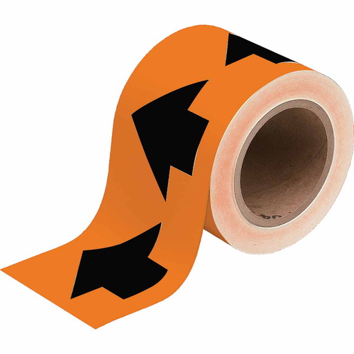 Product image for Brady 91410 Directional Flow Arrow Tape for Pipe Marking - Roll Form, Vinyl, Black on Orange, 4" x 30 Yd