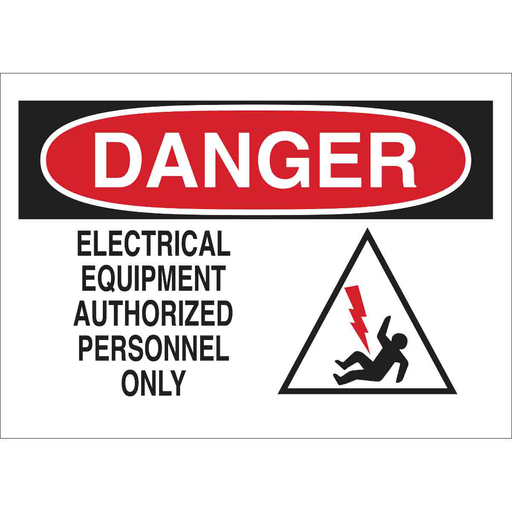 Product image for Brady 43474 DANGER Electrical Equipment Authorized Personnel Only w/Man Pictogram Sign, 10" H x 14" W x 0.035" D, Aluminum