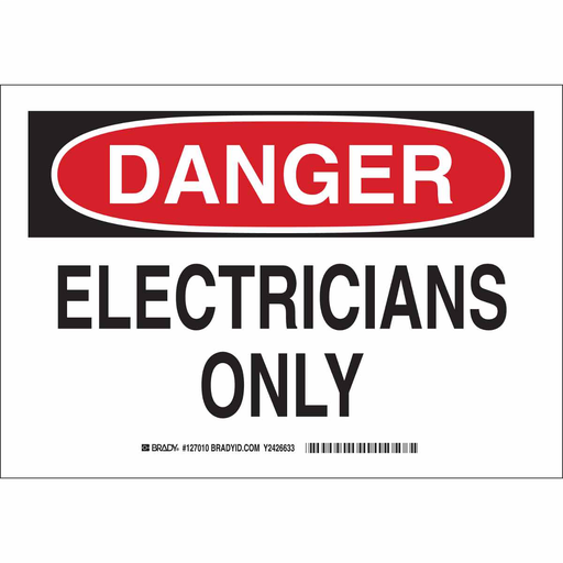 Product image for Brady 127011 DANGER Electricians Only Sign, 10" H x 14" W x 0.035" D, Aluminum