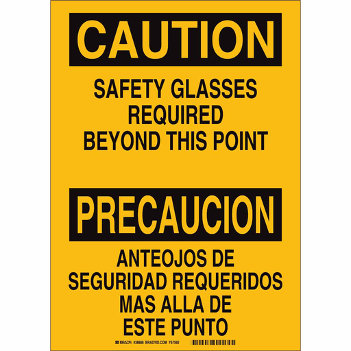 Bilingual CAUTION Safety Glasses Required Beyond This Point Sign, 14" H x 10" W x 0.06" D, Polystyrene