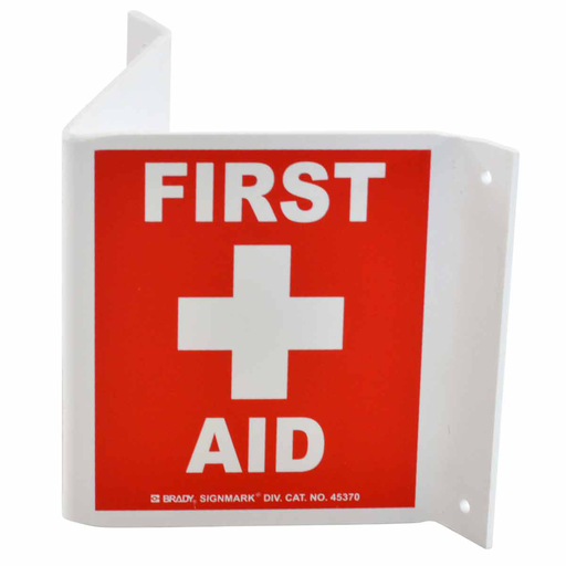 Product image for Brady 45370 V First Aid Sign, 5.5" H x 10" W x .035" D, Plastic
