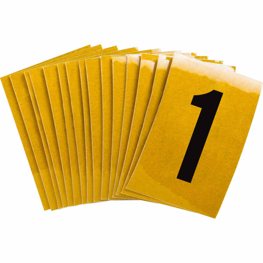 Product image for Brady 5920-1 5920 Reflective Number and Letter Labels, 1.5" H x 1" W, Pack of 25 Labels, Black on Yellow, 1