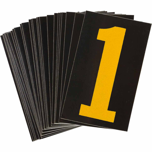 Product image for Brady 5000-1 5000 Series Reflective Number and Letter Labels, 2.875" H x 1.75" W, Pack of 25 Labels, Yellow on Black, 1