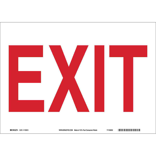 Product image for Brady 41053 Exit Sign, 7" H x 10" W x 0.035" D, Red on White, Aluminum