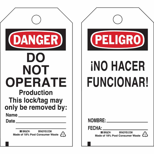 Product image for Brady 133556 DANGER Do Not Operate Production, PELIGRO No Hacer Funcionar!, Pack of 25 Tags