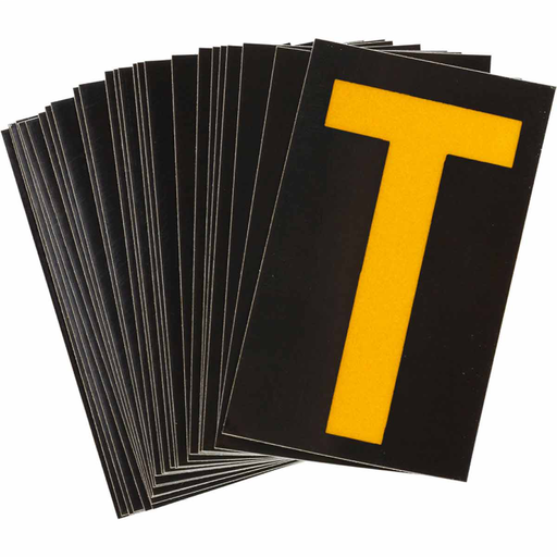 Product image for Brady 5000-T 5000 Series Reflective Number and Letter Labels, 2.875" H x 1.75" W, Pack of 25 Labels, Yellow on Black, T