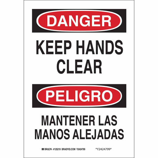 Product image for Brady 38866 Bilingual DANGER Keep Hands Clear Sign, 14" H x 10" W x 0.06" D, Polystyrene
