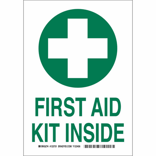 Product image for Brady 123750 First Aid Kit Inside Sign, 10" H x 7" W x 0.06" D, Polystyrene