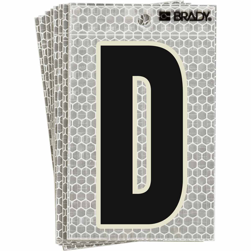 Product image for Brady 3010-D 3010 Series Glow in the Dark Number and Letter Labels, Black/Green Glow on Silver, Pack of 10 Labels, D