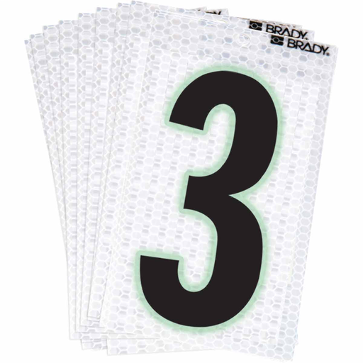 Product image for Brady 3000-3 3000 Series Glow in the Dark Number and Letter Labels, Black/Green Glow on Silver, Pack of 10 Labels, 3