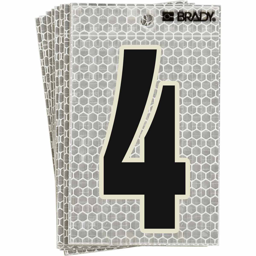 Product image for Brady 3020-4 3020 Series Glow in the Dark Number and Letter Labels, Black/Green Glow on Silver, Pack of 10 Labels, 4