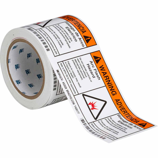 Product image for Brady 52028 Arc Flash Labels - Self-Sticking Polyester, English/Spanish Bilingual, Roll of 100 Labels, Black/Orange on White