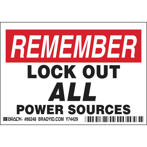 Product image for Brady 86248 REMEMBER LOCK OUT ALL POWER SOURCES Labels, 3.5" H x 5" W x 0.006" D, Black/Red on White