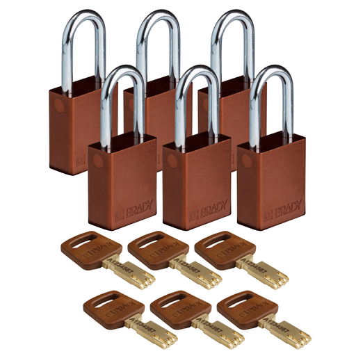 Product image for Brady ALU-BRN-38ST-KD6PK Brady SafeKey Lockout Padlock Aluminum Brn 1.5" Steel Shkl Keyed Different 6 Pk
