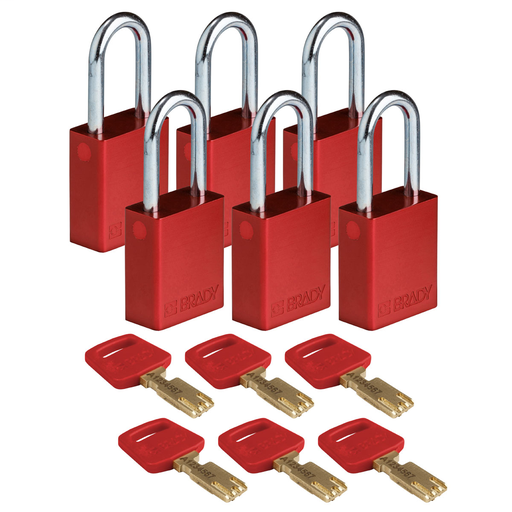 Product image for Brady ALU-RED-38ST-KD6PK Brady SafeKey Lockout Padlock Aluminum Red 1.5" Steel Shkl Keyed Different 6 Pk