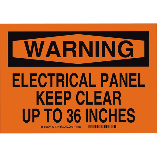 Product image for Brady 21879 WARNING Electrical Panel Keep Clear Up To 36" Sign, 7" H x 10" W x 0.06" D, Polystyrene