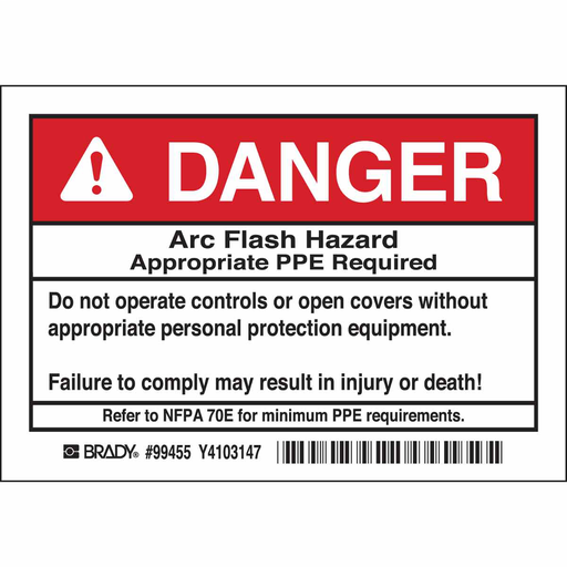 Product image for Brady 99455 Arc Flash Labels - Self-Sticking Polyester, 3.5" H x 5" W x 0.006" D, Pack of 5 Labels, Black/Red on White
