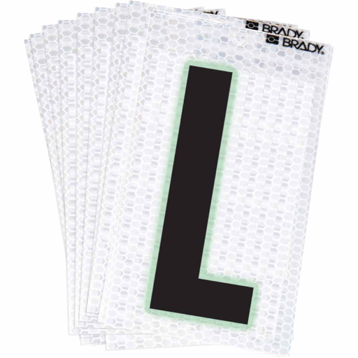 Product image for Brady 3000-L 3000 Series Glow in the Dark Number and Letter Labels, Black/Green Glow on Silver, Pack of 10 Labels, L