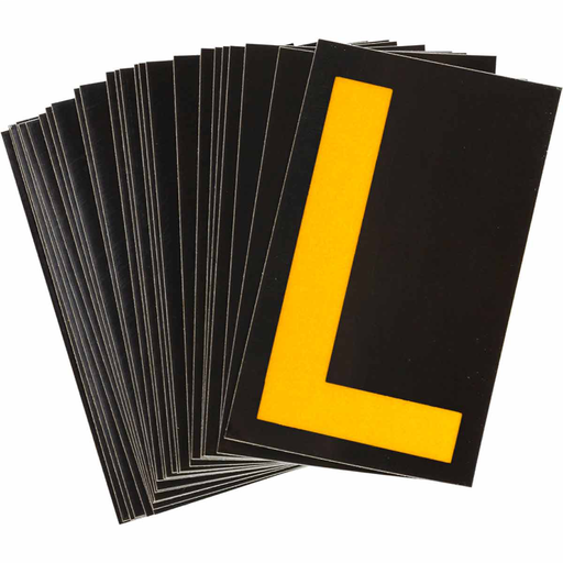 Product image for Brady 5000-L 5000 Series Reflective Number and Letter Labels, 2.875" H x 1.75" W, Pack of 25 Labels, Yellow on Black, L
