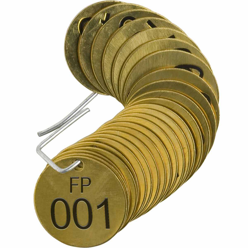 Product image for Brady 23667 Stamped Brass Valve Tags, 1-1/2" Dia, FIRE PROTECTION (FP), 001-025, 1/4"