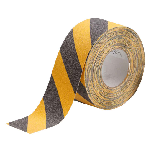 Product image for Brady 78148 Anti-Skid Tape Roll - Grit-Coated Polyester, Diagonal Stripes, Black on Yellow, 3" x 60'