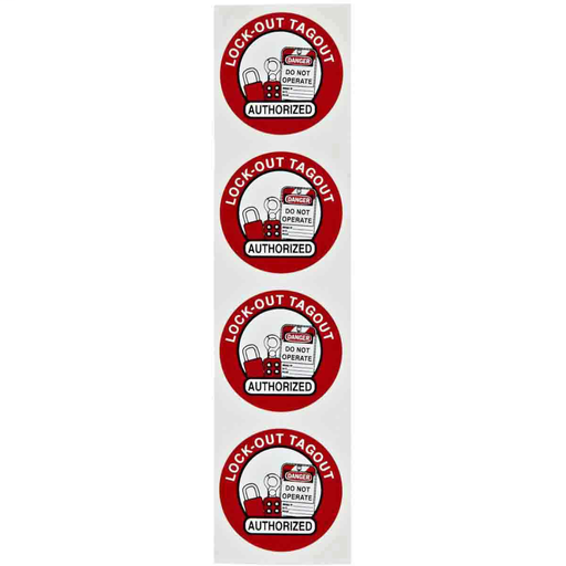 Product image for Brady 50193 LOCKOUT TAGOUT AUTHORIZED Hard Hat Labels, 2" Dia x 0.004" D, Card of 4 Labels, Black/Red on White