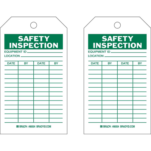 Product image for Brady 86721 Inspection / Material Control Tags: SAFETY INSPECTION: EQUIPMENT ID: LOCATION: DATE: BY: DATE: BY:, 7" H x 4" W, Green on White